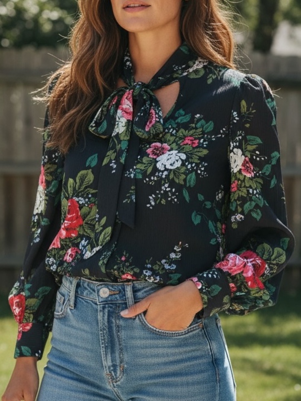 LOFT Floral Tie-Neck Long Sleeve Top - Black with Pink & Green Size S